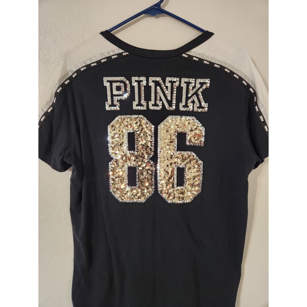 Pink Victoria's Secret Short Sleeve Lace Up T Shirt Black White Sequined 86 Smal